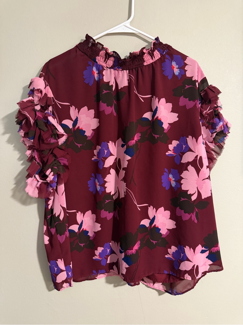 Claiborne Burgundy Floral Ruffle Sleeve Blouse